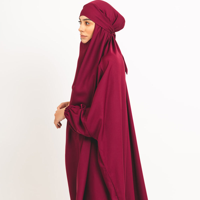 Berry Khimar with Elastic Cuffs and Secure Back Tie